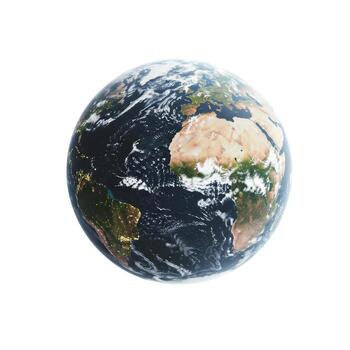 A realistic globe showing continents oceans and cloud cover against a plain white background view from space photo