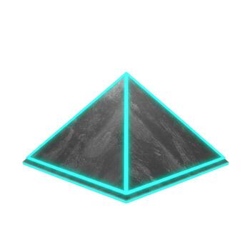 A pyramid with a dark texture and bright blue lines on a white background in a digital rendering photo