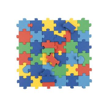 A square puzzle with many colorful pieces partially assembled with some pieces not connected yet photo