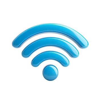 un azul inalámbrico icono con Tres curvo líneas y un circulo en un blanco antecedentes en un digital representación foto