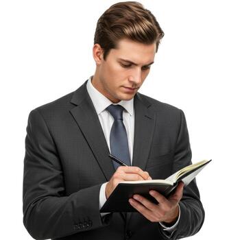 A man in a suit writing in a notebook with a pen on a white background in a studio setting indoors photo