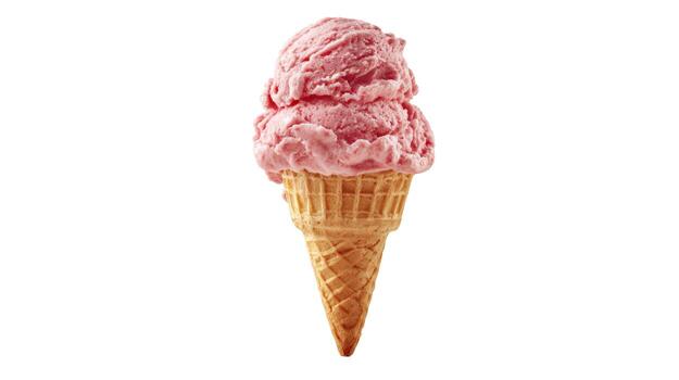 A double scoop of pink ice cream in a waffle cone on a plain white background in a studio setting photo