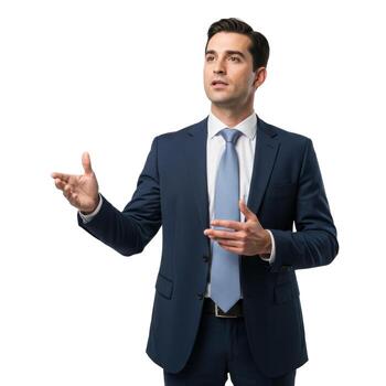 Man in a suit gesturing with his hands during a presentation on a white background in a studio shot photo