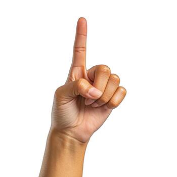 A hand pointing up with the index finger extended against a plain white studio background isolated shot photo