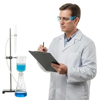 A scientist in a lab coat observes a filtration setup while taking notes on a clipboard in a laboratory photo
