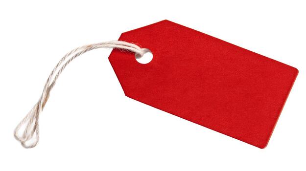 A vibrant scarlet price tag with a string attached against a pristine white backdrop in a studio setting photo