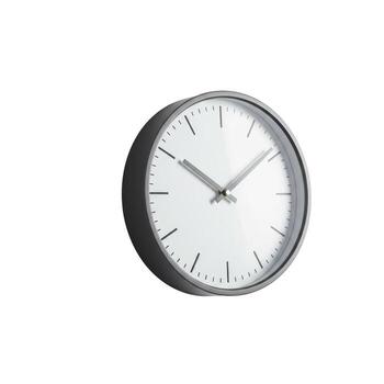 A simple round analog clock with a gray frame and white face isolated on a white background showing time photo
