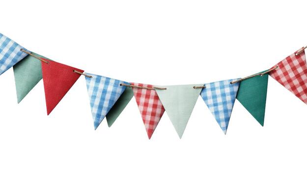 A string of triangle shaped fabric flags in various patterns hanging against a white background decoratively photo