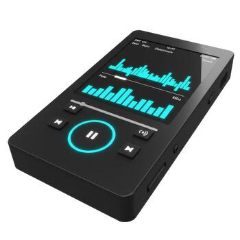 A black music player with a blue equalizer display and round pause button on a white background space photo