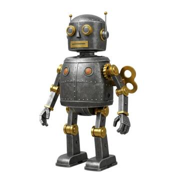 Isolated vintage robot toy with a wind up key on a white background in a studio setting display shot photo