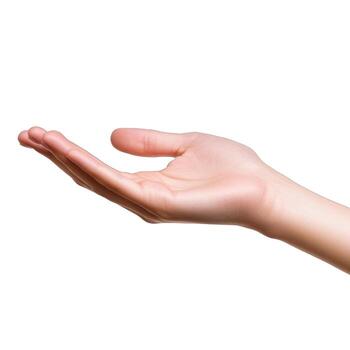 Isolated image showing a caucasian hand with an open palm facing upwards on a plain white background photo