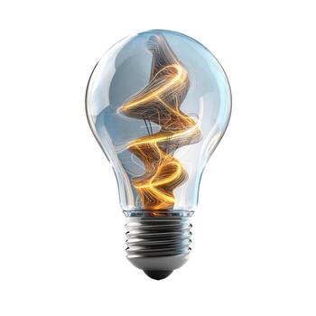 A lightbulb with a swirling golden design inside against a plain white studio background image view photo