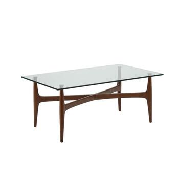 A rectangular glass top coffee table with a wooden base against a plain white background in a studio setting photo