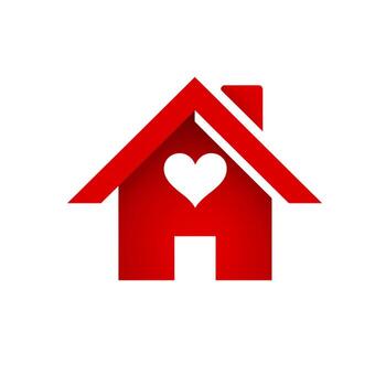 A simple red house icon with a heart shape inside, on a white background, minimal design and clean lines photo