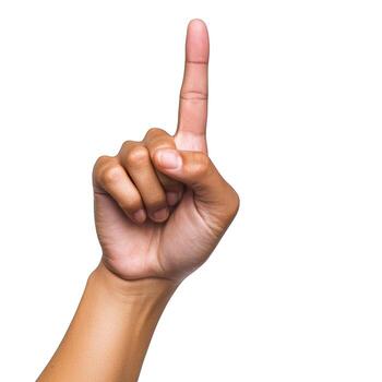 A single hand with one finger pointing upwards against a plain white background in a studio shot view photo