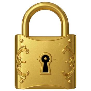 A shiny golden padlock with ornate details and a keyhole centered on a white background image view photo