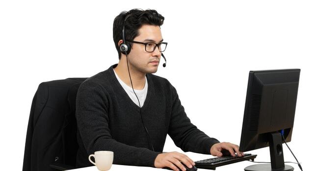 Man with headset working at computer with suit jacket and coffee cup on the desk in a bright space photo