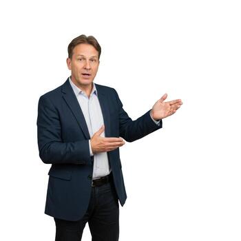Man in blazer presents with open hands on white background in a studio setting for advertisement use photo