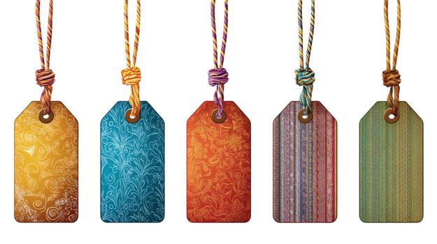 A collection of five decorative tags hanging with colorful strings on a white background in a studio shot photo