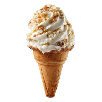 A single ice cream cone with vanilla soft serve and nut topping isolated on a white background view photo