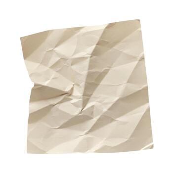 A slightly crumpled square of tan paper with shadows on a plain white isolated studio background view photo