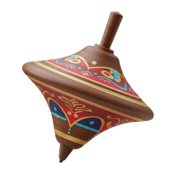 Isolated view of a brown spinning top with colorful patterns against a plain white background studio shot photo