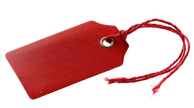 A single red tag with a metal eyelet and a red string attached on a plain white background studio shot photo