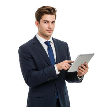Man in a suit holding a tablet with white background looking at the camera and pointing at the screen photo