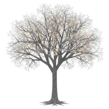A digital artwork of a bare tree with small lights on a white background in a wireframe style render photo