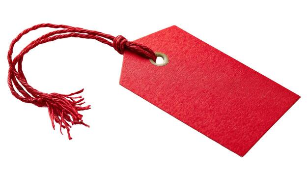A vibrant crimson tag with a textured surface and a knotted string on a plain white background space photo