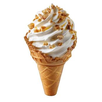 A single ice cream cone with vanilla soft serve and nuts on a white isolated background view photo