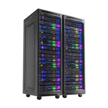 Two black server racks with colorful lights standing side by side on a white background in a studio setting photo