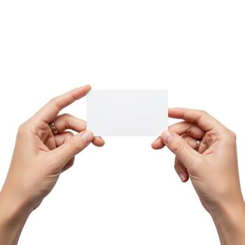 Hands holding a blank white card against a white background in a studio setting for mock up use photo