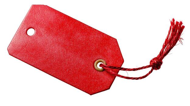A single red tag with a string and a hole isolated on a white background in a studio setting photo