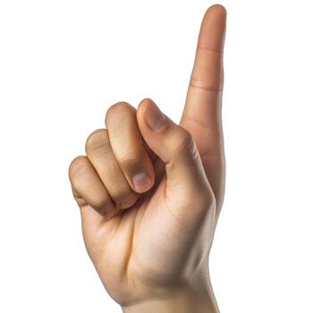 A single hand with index finger pointing upwards on a plain white background in a studio shot image view photo