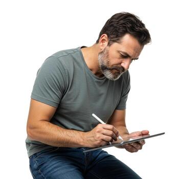 Man with beard using tablet and stylus pen for digital art on a white background in studio shot photo