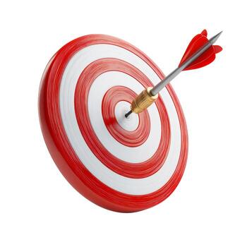 A target with alternating bands of red and white and an arrow in the center on a white background photo