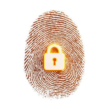 A fingerprint with a padlock overlayed in the center on a plain white isolated background image view photo