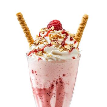 A raspberry milkshake with whipped topping almonds and wafer sticks on a white background isolated view photo