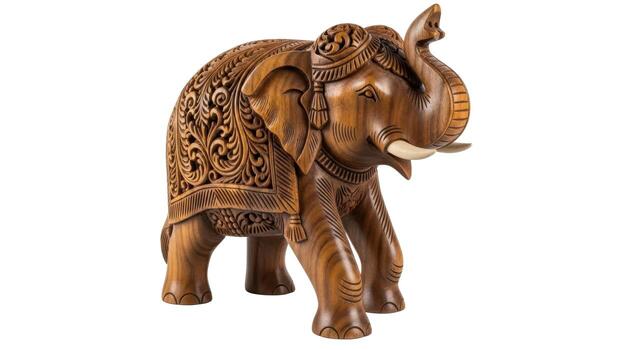A carved wooden elephant statue with detailed patterns on a white background in a studio setting photo