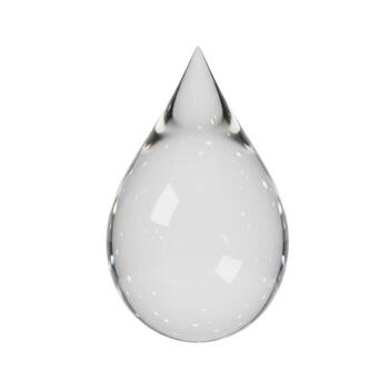 Isolated clear water droplet with a pointed tip against a plain white studio background close up view photo
