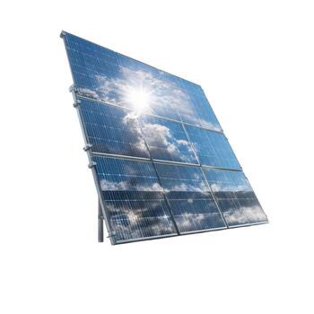 Solar panel array reflecting a blue sky with white clouds on a sunny day isolated on white background photo