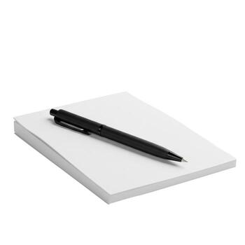 A black pen resting on a stack of white paper against a plain background in a simple still life scene photo