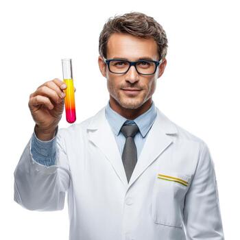 Man in lab coat holding test tube with colorful liquid in a laboratory setting with white backdrop photo