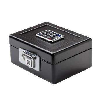 A black metal security box with a numeric keypad and a silver latch on a white background close up photo