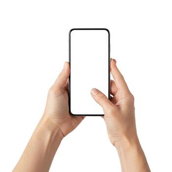 Person holding a blank screen mobile device with both hands on a plain white color background view photo