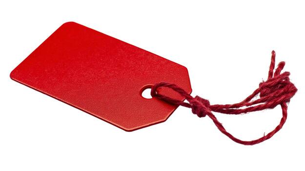 Isolated close up of a blank vivid crimson tag with a string against a plain white background space photo
