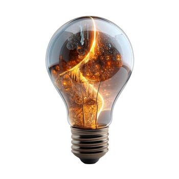 Close up view of a light bulb illuminating with intricate internal patterns and a glowing filament photo