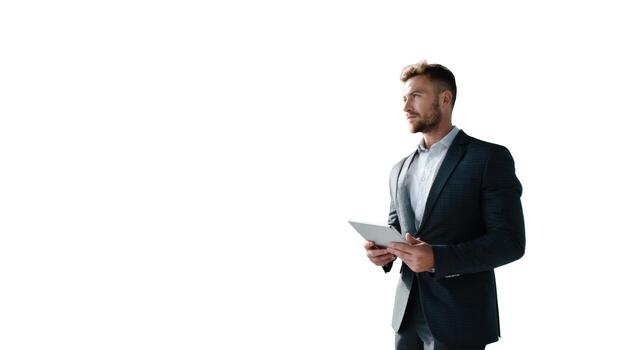 Man in a suit holding a tablet looking to the side with a white background in a studio setting photo