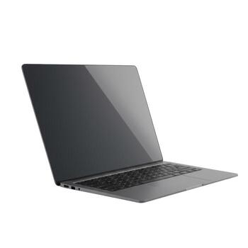 A sleek gray laptop computer with a dark keyboard and screen isolated against a white background view from side photo